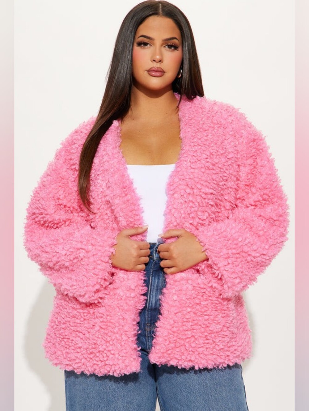 Pink Faux-Shearling Open-Front Jacket With Pockets - Picture 5 of 8